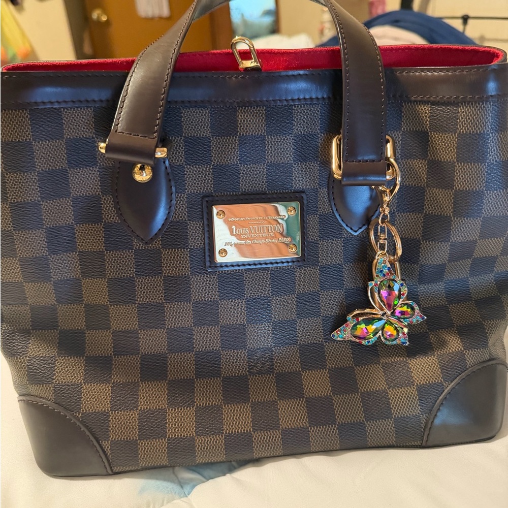 Louis Vuitton Damier Ebene Tote with Red Interior and Gold Hardware